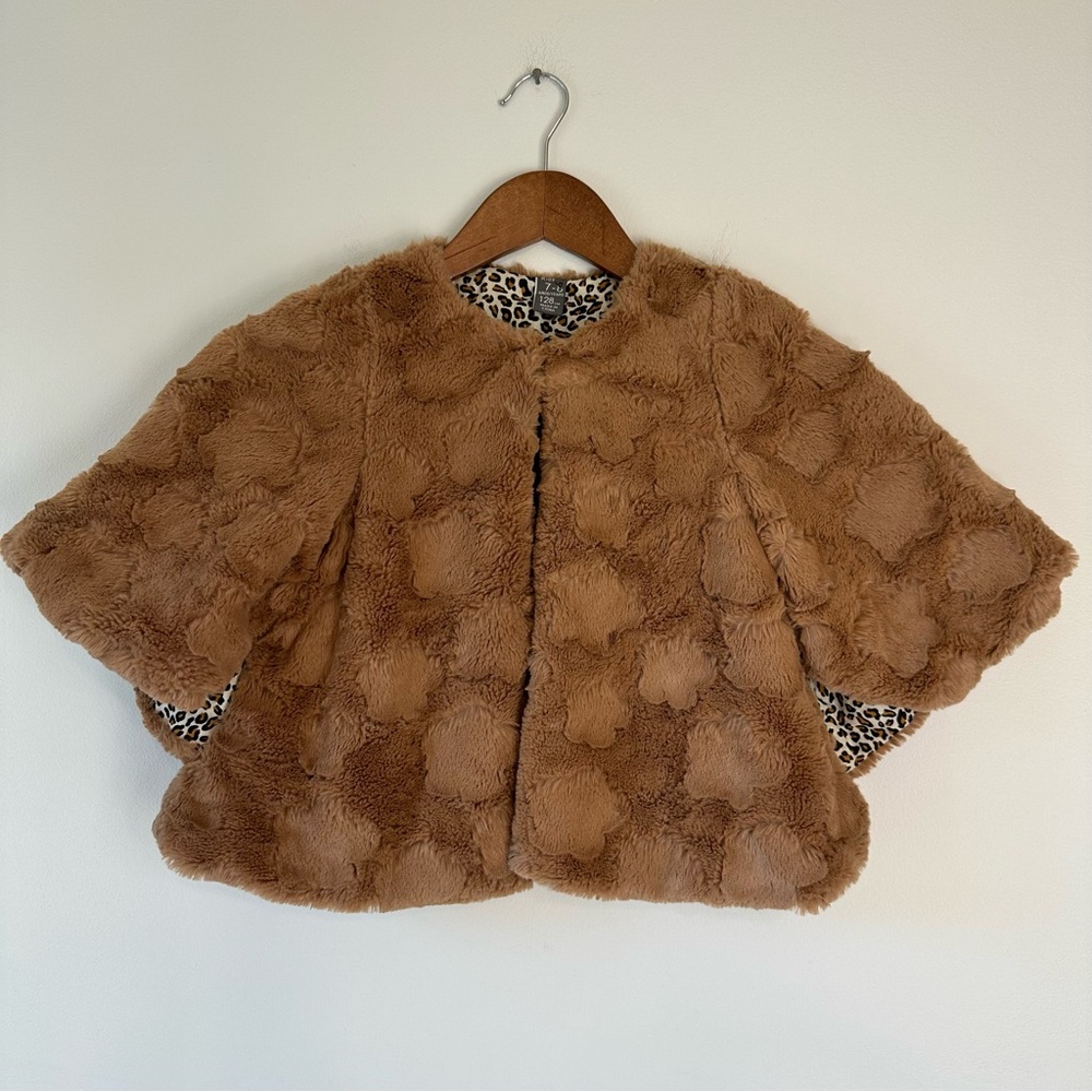Zara Kids Cotton Furry Teddy Bear Cape Capelet Cheetah Leopard Lined, size 7-8 - Picture 11 of 16